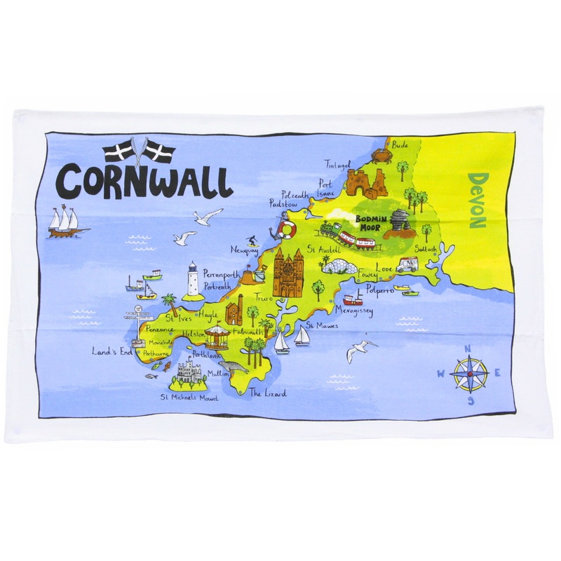 Cornwall Map Printed Tea Towel